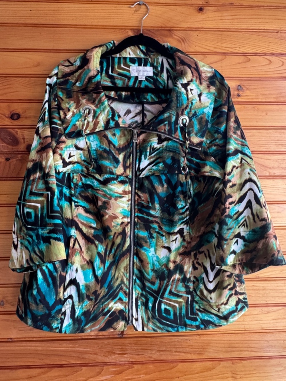 Erin London Animal Print Jacket L Abstract Stretch Lightweight Statement